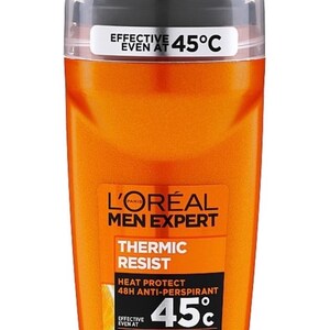 May include: Orange and black deodorant stick with the text "L'OREAL MEN EXPERT THERMIC RESIST HEAT PROTECT 48H ANTI-PERSPIRANT EFFECTIVE EVEN AT 45°C [CERAMIC-SYSTEM] HEAT-RUSH SWEAT PROTECTION 50ml"