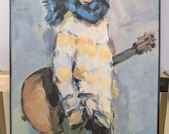 Aplique de impressão vintage da Dupont, assinado, da década de 1970… Menino com violão, achado incomum para colecionadores.