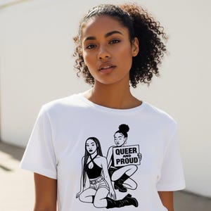 Queer & Proud T-Shirt | Sapphic LGBTQ Tee | Black Queer Illustration