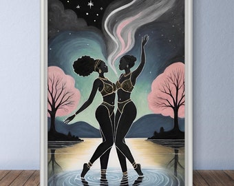 May include: Two Black women in silhouette, wearing lingerie, stand in a lake with their arms raised. They are surrounded by a swirling mist and stars. The lake is reflected in the water below.