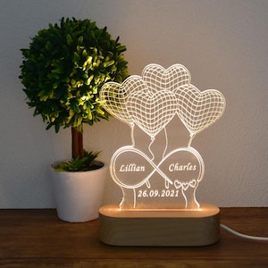 May include: A wooden base with a clear acrylic panel featuring a design of four heart-shaped balloons with an infinity symbol and the names "Lillian" and "Charles" with the date "26.09.2021".