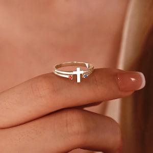 誕生石付きクロスリング、2つの誕生石リング、クロス誕生石リング、クリスチャンリング、洗礼ギフト、親友へのギフト、クリスマスギフト