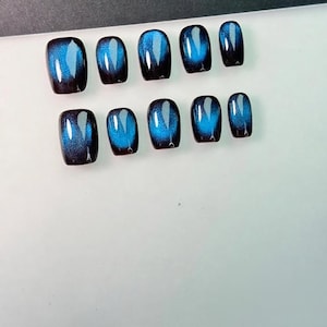 Handmade Blue Cat Eye Press On Nails Short Square Black Galaxy Magnetic Fake Nails Glitter Reusable Gel False Nails Gift