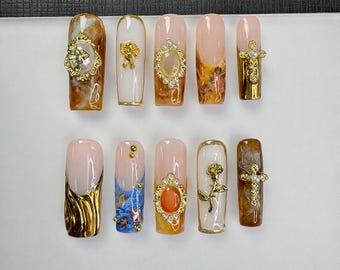 Vintage Baroque Press On Nails - Amber Gold Pearl Handmade Coffin Nails