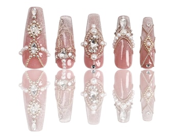 Bling Braut drücken auf die Nägel, Rosa Glitter Perle Ballerina falsche Nägel