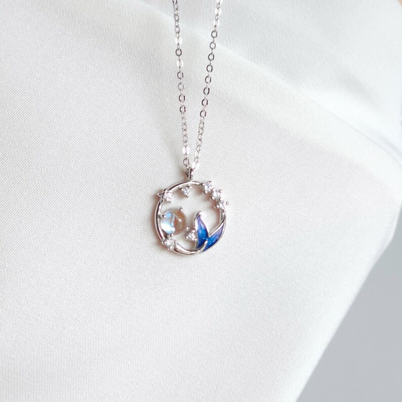 Handmade 925 Sterling Silver Whale Tail Charm Necklace - Nautical Mermaid Theme, 17\" (45cm) Chain