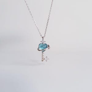 Key To Heart Necklace in Sliver (Blue Stone), 925 Sterling Silver, Minimalist Key | Gift for her
