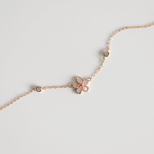Sakura Blossom Bracelet, Minimalist Sweet Flower, S925 Sterling Silver, Rose Gold | Gift for her