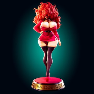 May include: A red figurine of a woman with large breasts and a curly red hairstyle. She wears a red dress, black stockings, and red heels. The figurine stands on a red base with the text "SARA BELLUM" in gold.