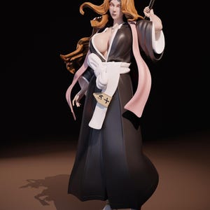 Pode incluir: Uma figura de uma mulher com cabelo castanho comprido vestindo uma t&uacute;nica preta e rosa com uma faixa branca. Ela est&aacute; segurando uma espada na m&atilde;o direita e tem uma express&atilde;o s&eacute;ria no rosto.