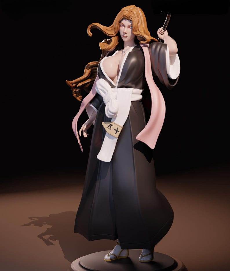 Pode incluir: Uma figura de uma mulher com cabelo castanho comprido vestindo uma t&uacute;nica preta e rosa com uma faixa branca. Ela est&aacute; segurando uma espada na m&atilde;o direita e tem uma express&atilde;o s&eacute;ria no rosto.