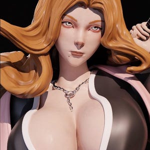 Pode incluir: Uma figura impressa em 3D de uma mulher com cabelo longo e castanho que flui. Ela est&aacute; vestindo uma roupa preta e rosa com um colar de corrente prateada. O texto "RANGIKU MATSUMOTO" est&aacute; impresso na base da figura.