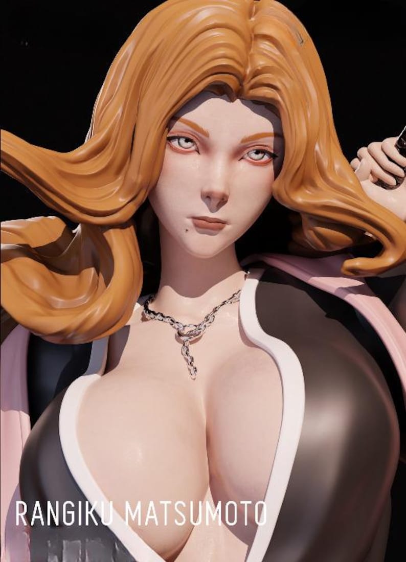 Pode incluir: Uma figura impressa em 3D de uma mulher com cabelo longo e castanho que flui. Ela est&aacute; vestindo uma roupa preta e rosa com um colar de corrente prateada. O texto "RANGIKU MATSUMOTO" est&aacute; impresso na base da figura.