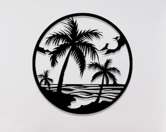 Decorazione murale in metallo con palme: decorazione con scena di spiaggia costiera