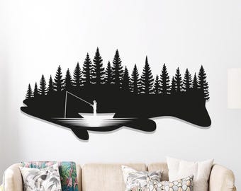 Arte de pared de metal con pesca de lubina: Escena de cabaña en el lago, decoración rústica para exteriores