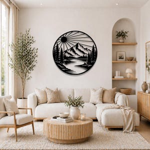 Mountain Lake Metal Wall Art, Pine Forest Scene, Outdoor Decor (Powder Coated)