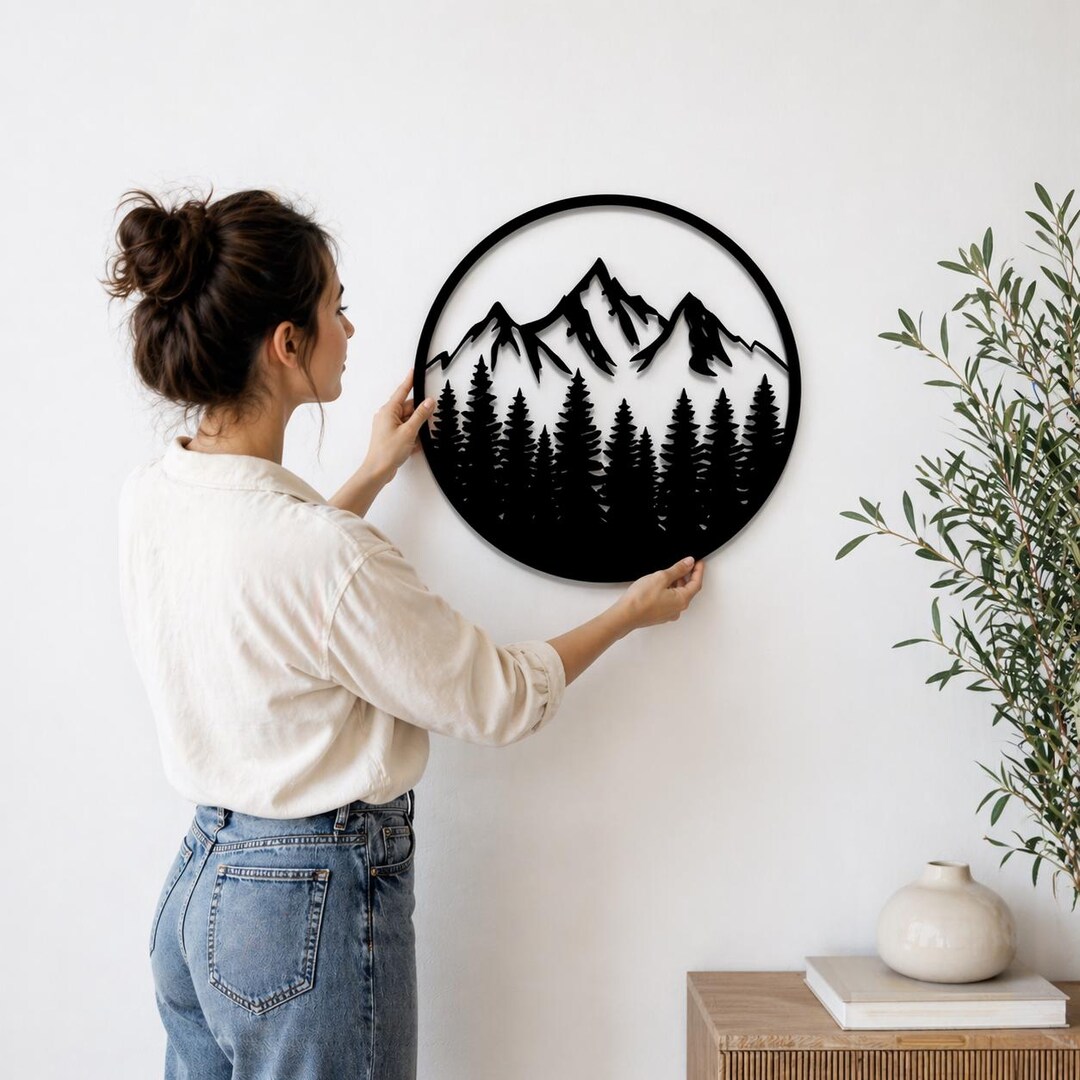 Mountain Forest Metal Wall Art, Pine Tree Landscape Decor, Rustic ...