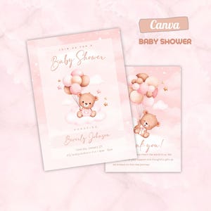 Plantilla de invitación editable para baby shower / Lindo tema de osito de peluche / Descarga digital de Canva / Invitación personalizada para baby shower