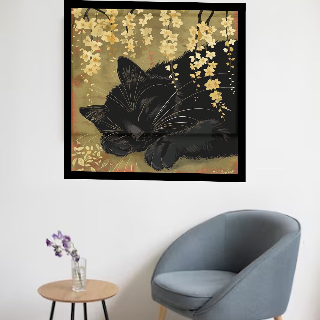Sleeping Black Cat in Japanese Art Style, Japanese Wall Art, Cat Wall