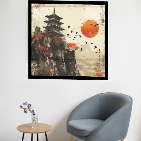 Temple in Japanese Art Style, Japanese Wall Art, Temple Wall Art, Japanese Fine Art, Japanese Temple Wall Art, Japanese Poster