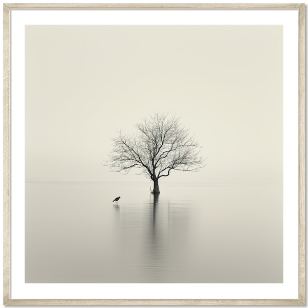 Minimalist Bird and Lone Tree in Calm Waters | Ethereal Seascape | Detailed Naturalistic Portrait | Fine Art | Instant Digital Download