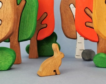 Wooden play Hare figurine with long ears, safe and ecological wooden toy for imaginative play and learning about the world of wild animals