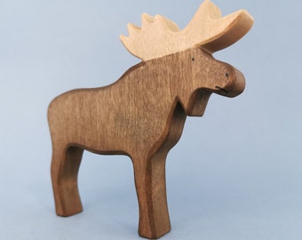 Brown Moose with antlers wooden figurine toy, a wooden toy depicting a forest animal, forest theme toy, one figure from animals set, for kid