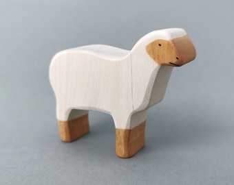 Sheep white wooden figurine toy, farm element, product for prek child, figure made entirely of wood, one figure from farm animal family set