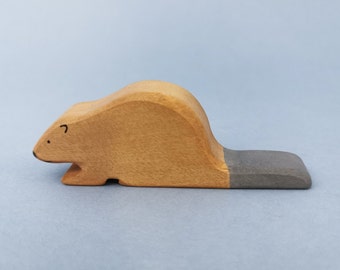 Wooden toy figurine of a brown-gray Beaver, one figure from forest set, animal made entirely of wood, nature-themed play set, for kid