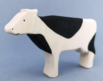 White Cow wooden figurine toy with black patches, safe toy made entirely of wood, hand-painted figure, gift for kid, product for prek child