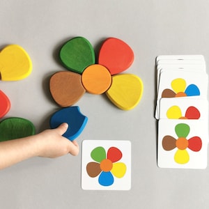 Flower 6 colors pattern match game, wooden puzzle toy, fine motor skill, pack for preschoolers, teaching sequences, Montessori decoration