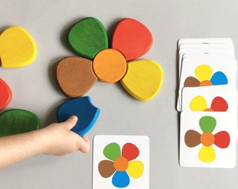 Flower 6 colors pattern match game, wooden puzzle toy, fine motor skill, pack for preschoolers, teaching sequences, Montessori decoration