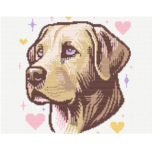 May include: A cross-stitch design of a dog's head, in shades of brown, tan, and white. The dog has purple eyes and a brown nose. Pink hearts, yellow hearts, and purple starbursts decorate the background. The design has a pixelated appearance.