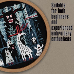 May include: A circular embroidery hoop with a black and white cross stitch design featuring a spooky forest scene with a white deer, a skull, and other creatures. The text "Suitable for both beginners and experienced embroidery enthusiasts" is visible in the upper right corner.