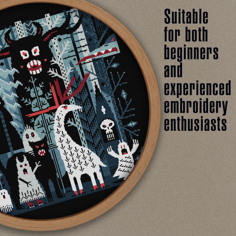 May include: A circular embroidery hoop with a black and white cross stitch design featuring a spooky forest scene with a white deer, a skull, and other creatures. The text "Suitable for both beginners and experienced embroidery enthusiasts" is visible in the upper right corner.