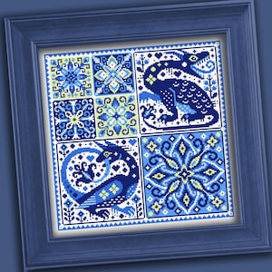 May include: A square cross-stitch embroidery framed in a blue wooden border. The design features a grid of six panels with blue, light blue, and pale yellow geometric floral patterns and two distinct mythical dragon creatures in dark blue.