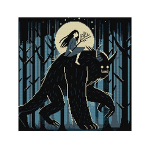 May include: A black monster with horns walks through a dark forest with a girl riding on its back. The girl has long black hair and is wearing a blue dress. The moon is full and bright in the sky.