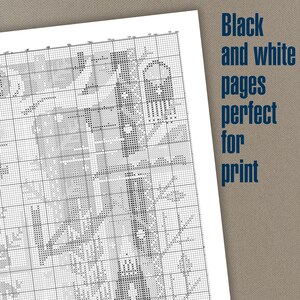 May include: Black and white cross stitch pattern with a grid overlay. The pattern features a detailed design of a house with a chimney, a tree, and a bird.