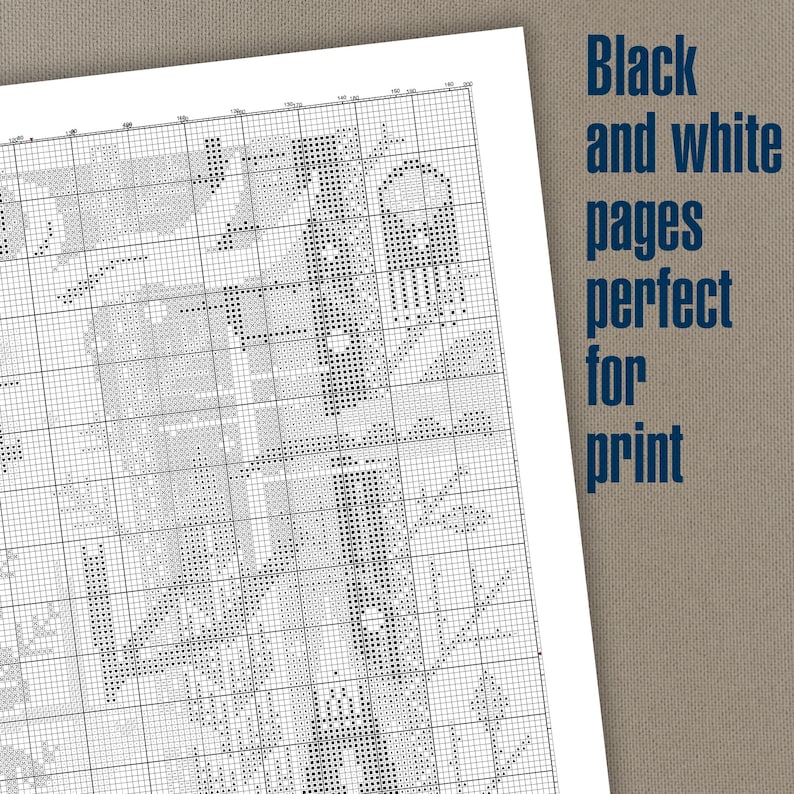 May include: Black and white cross stitch pattern with a grid overlay. The pattern features a detailed design of a house with a chimney, a tree, and a bird.