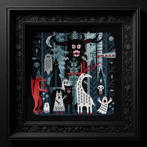 May include: A pixelated illustration of a dark forest scene with various creatures, including a red monster, a white creature with antlers, and a black creature with horns. The background is a dark blue with white and gray details.