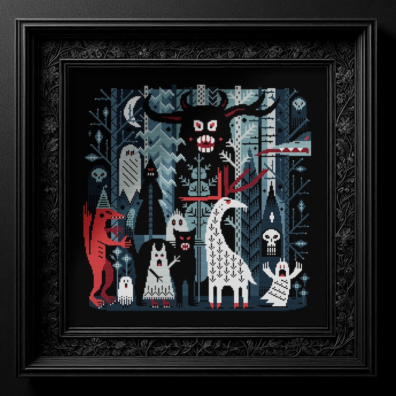 May include: A pixelated illustration of a dark forest scene with various creatures, including a red monster, a white creature with antlers, and a black creature with horns. The background is a dark blue with white and gray details.