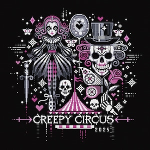 Patrón de punto de cruz de circo espeluznante. Descarga instantánea. Chica adorable y payaso espeluznante. Fantasía circense. Bordado para decoración de pared para amantes del terror.