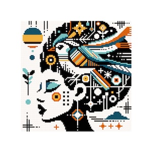 Può includere: Un'illustrazione digitale del viso di una donna con un uccello che vola fuori dai suoi capelli. I capelli della donna sono neri e pieni di forme geometriche colorate e stelle. Lo sfondo è bianco.