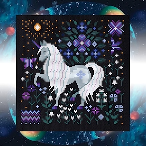 Unicorn in the Night Garden Cross Stitch Pattern, PDF file Instant Download, Mythical Animal, Tree & Flowers, Modern Embroidery, Wall Decor