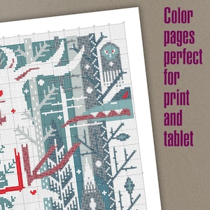 May include: A printable coloring page featuring a stylized winter scene with a bird, trees, and a house. The design is made up of geometric shapes and patterns in shades of blue, red, and white.