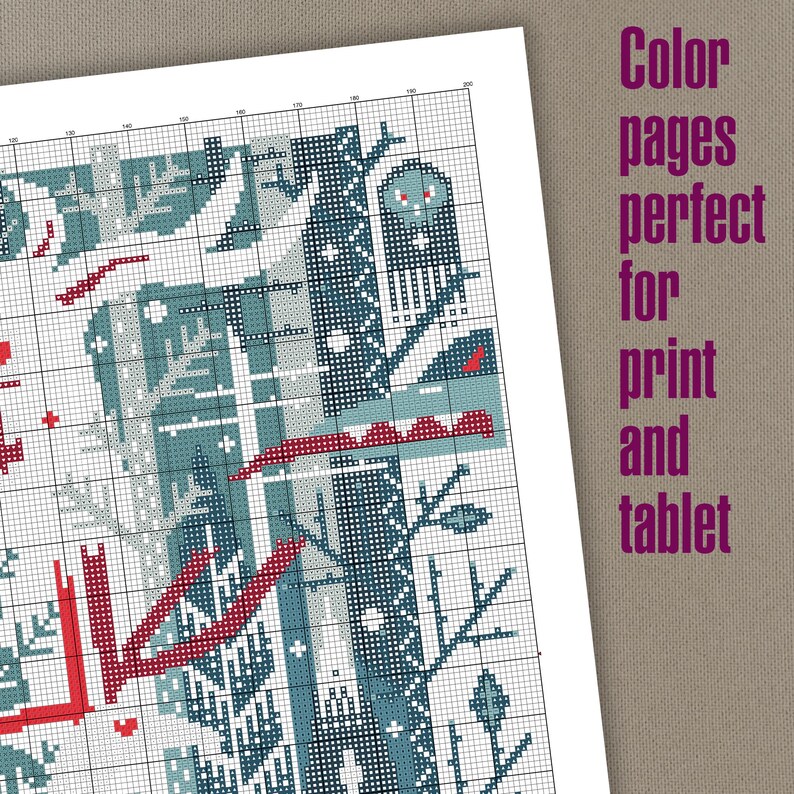 May include: A printable coloring page featuring a stylized winter scene with a bird, trees, and a house. The design is made up of geometric shapes and patterns in shades of blue, red, and white.