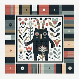 Süßes Blumen Monster Kreuzstichmuster, sofort-Download PDF, magisches gruseliges Tier, modernes Muster Geschenk für Horror-Liebhaber, Wanddeko.