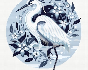 Heron & Flowers Cross Stitch Pattern: Modern Blue Embroidery (PDF Download