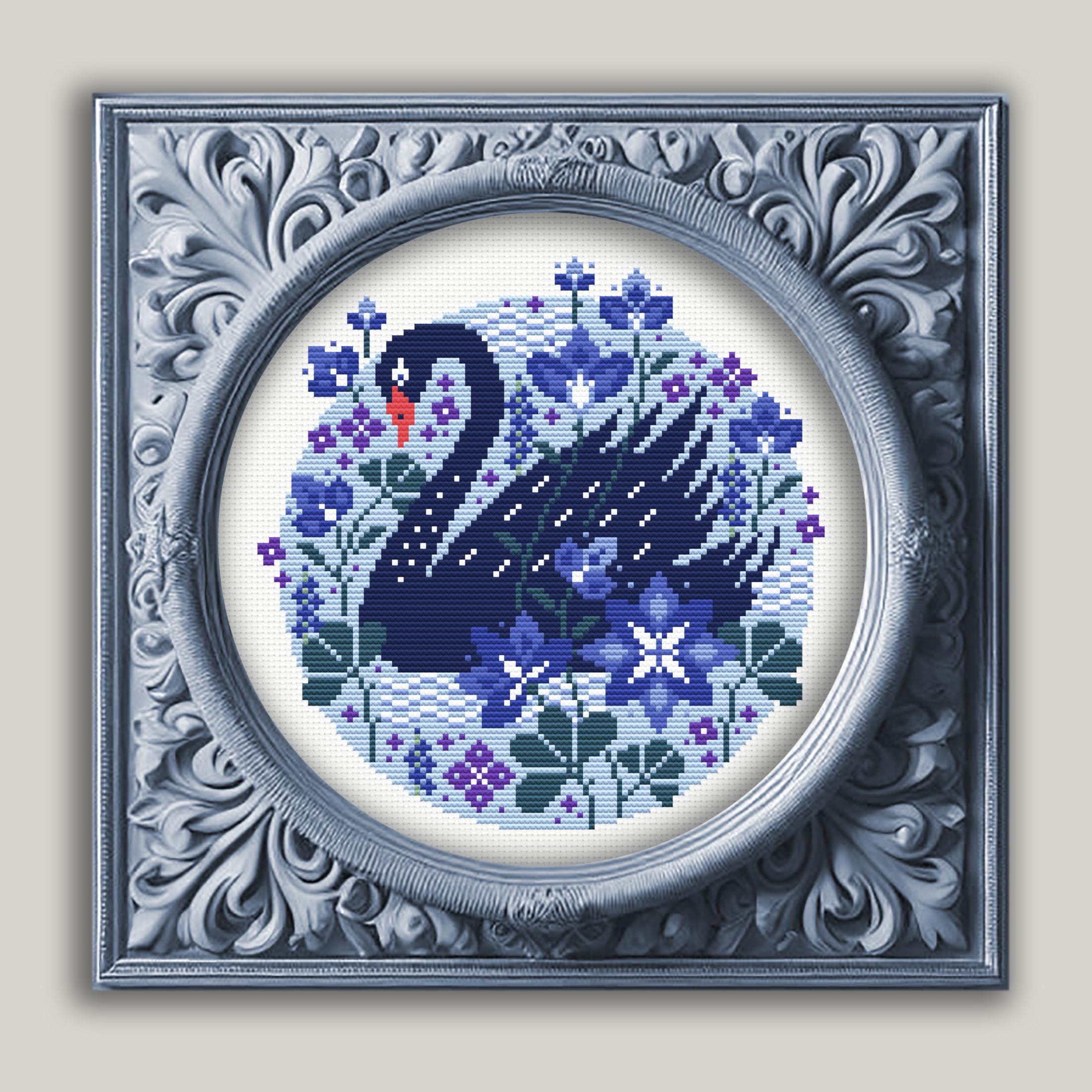 Black Swan cross stitch pattern instant download PDF, gift for lovers flowers and birds, animal embroidery, modern cute wall decor.