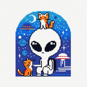 May include: A white alien with large black eyes sits on a blue and white space-themed background. Two orange cats are perched on the alien's head and shoulder. The alien is holding a small white spaceship.